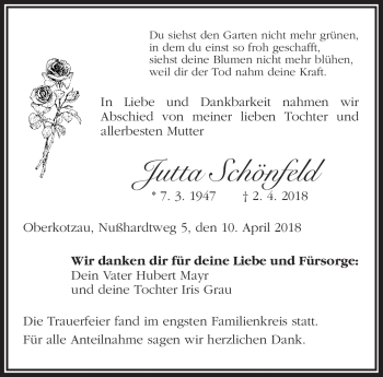 Traueranzeige von Jutta Schönfeld von Frankenpost