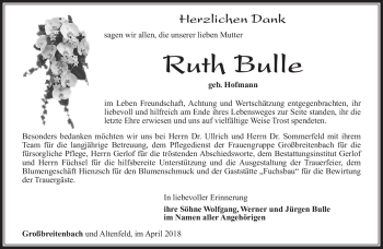 Traueranzeige von Ruth Bulle von Südthüringer Presse