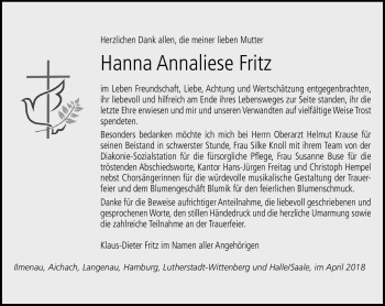 Traueranzeige von Hanna Annaliese Fritz von Südthüringer Presse