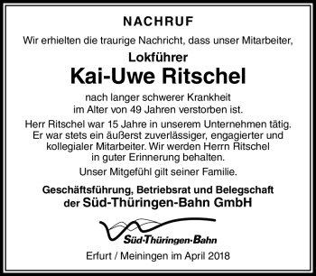 Traueranzeige von Kai Uwe Ritschel von Südthüringer Presse
