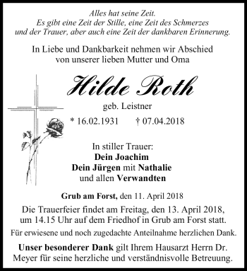 Traueranzeige von Hilde Roth von Neue Presse Coburg
