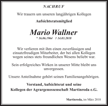 Traueranzeige von Mario Wallner von Südthüringer Presse