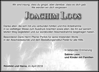 Traueranzeige von Joachim Loos von Südthüringer Presse