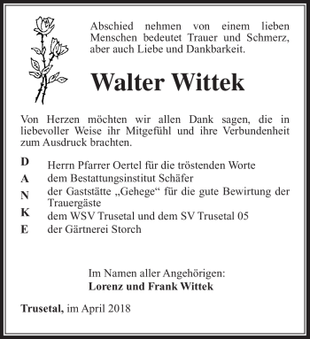Traueranzeige von Walter Wittek von Südthüringer Presse