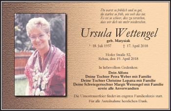 Traueranzeige von Ursula Wettengel von Frankenpost