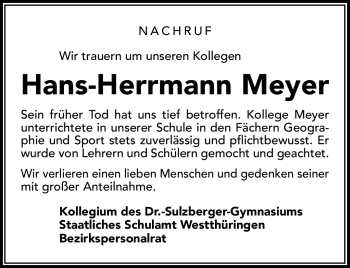 Traueranzeige von Hans-Herrmann Meyer von Südthüringer Presse