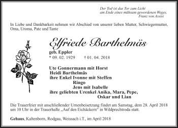 Traueranzeige von Elfriede Barthelmäs von Südthüringer Presse