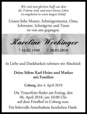 Traueranzeige von Karoline Wochinger von Neue Presse Coburg