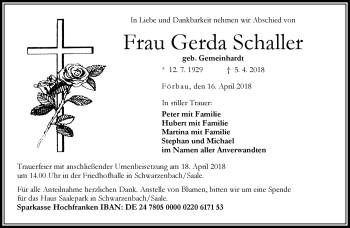 Traueranzeige von Gerda Schaller von Frankenpost
