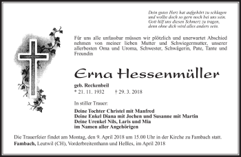 Traueranzeige von Erna Hessenmüller von Südthüringer Presse