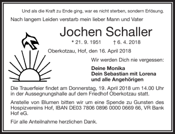 Traueranzeige von Jochen Schaller von Frankenpost
