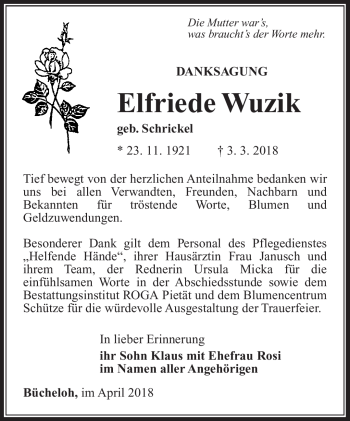 Traueranzeige von Elfriede Wuzik von Südthüringer Presse