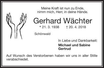 Traueranzeige von Gerhard Wächter von Frankenpost