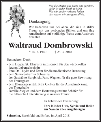 Traueranzeige von Waltraud Dombrowski von Südthüringer Presse