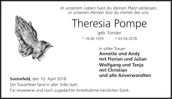 Traueranzeige von Theresia Pompe von Neue Presse Coburg