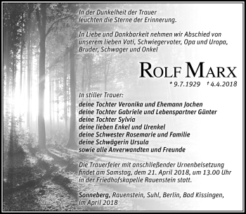 Traueranzeige von Rolf Marx von Südthüringer Presse