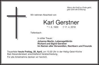 Traueranzeige von Karl Gerstner von Frankenpost