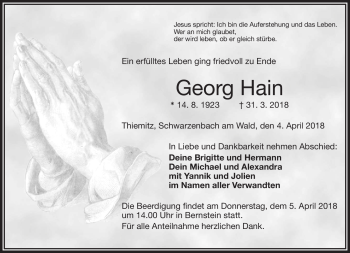 Traueranzeige von Georg Hain von Frankenpost
