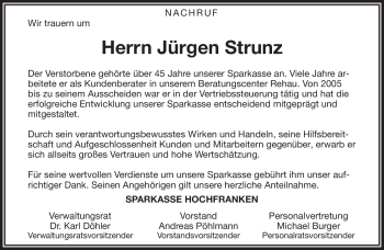 Traueranzeige von Jürgen Strunz von Frankenpost