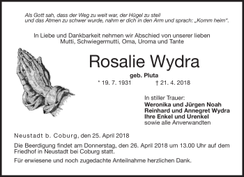 Traueranzeige von Rosalie Wydra von Neue Presse Coburg