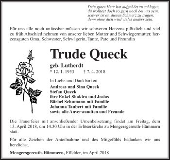 Traueranzeige von Trude Queck von Südthüringer Presse