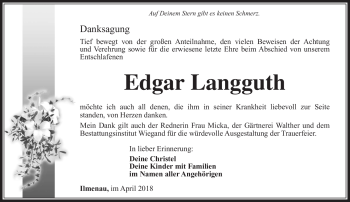 Traueranzeige von Edgar Langguth von Südthüringer Presse