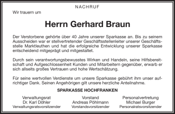 Traueranzeige von Gerhard Braun von Frankenpost