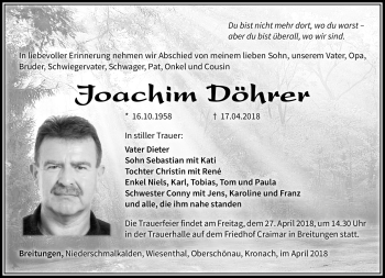 Traueranzeige von Joachim Döhrer von Südthüringer Presse