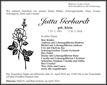 Traueranzeige von Jutta Gerhardt von Südthüringer Presse