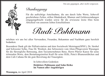 Traueranzeige von Rudi Pohlmann von Südthüringer Presse