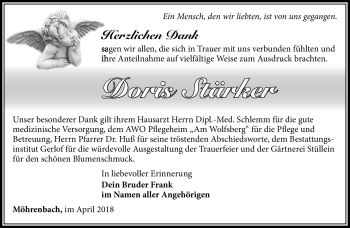 Traueranzeige von Doris Stärker von Südthüringer Presse