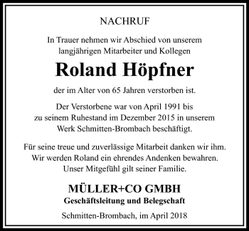 Traueranzeige von Roland Höpfner von Südthüringer Presse
