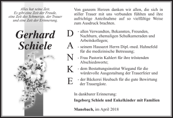 Traueranzeige von Gerhard Schiele von Südthüringer Presse