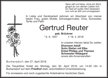 Traueranzeige von Gertrud Reuter von Neue Presse Coburg