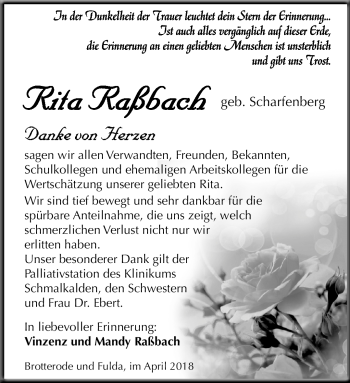 Traueranzeige von Rita Raßbach von Südthüringer Presse