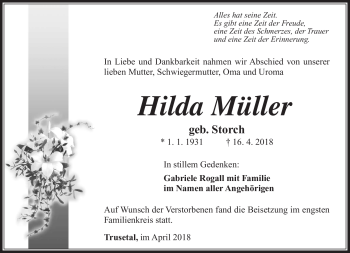 Traueranzeige von Hilda Müller von Südthüringer Presse