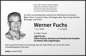 Traueranzeige von Werner Fuchs von Südthüringer Presse