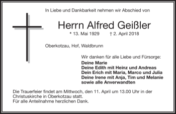 Traueranzeige von Alfred Geißler von Frankenpost