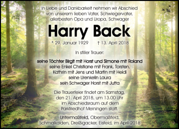 Traueranzeige von Harry Back von Südthüringer Presse