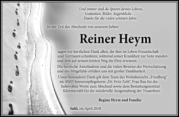 Traueranzeige von Reiner Heym von Südthüringer Presse