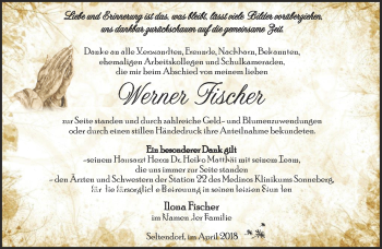 Traueranzeige von Werner Fischer von Südthüringer Presse