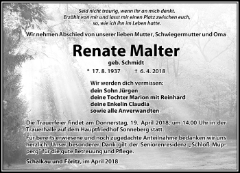 Traueranzeige von Renate Malter von Südthüringer Presse