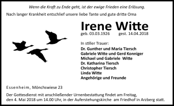 Traueranzeige von Irene Witte von Frankenpost