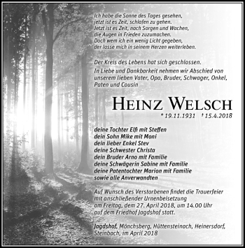 Traueranzeige von Heinz Welsch von Südthüringer Presse