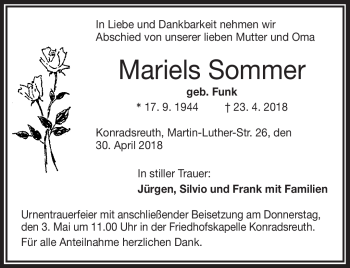 Traueranzeige von Mariels Sommer von Frankenpost