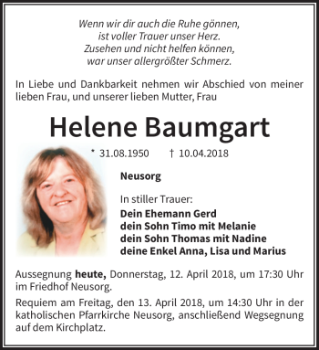 Traueranzeige von Helene Baumgart von Frankenpost