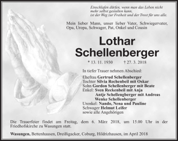 Traueranzeige von Lothar Schellenberger von Südthüringer Presse