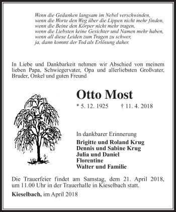 Traueranzeige von Otto Most von Südthüringer Presse
