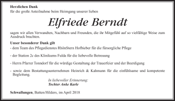 Traueranzeige von Elfriede Berndt von Südthüringer Presse