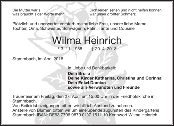Traueranzeige von Wilma Heinrich von Frankenpost